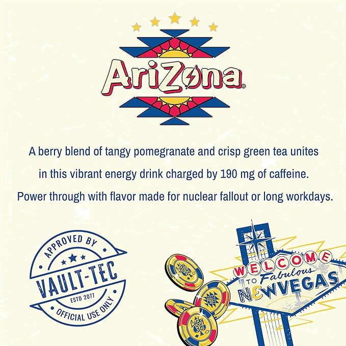 AriZona x Fallout Pomegranate Green Tea Energy Drink 15 fl oz (Pack of 12) - 190mg Caffeine per Can