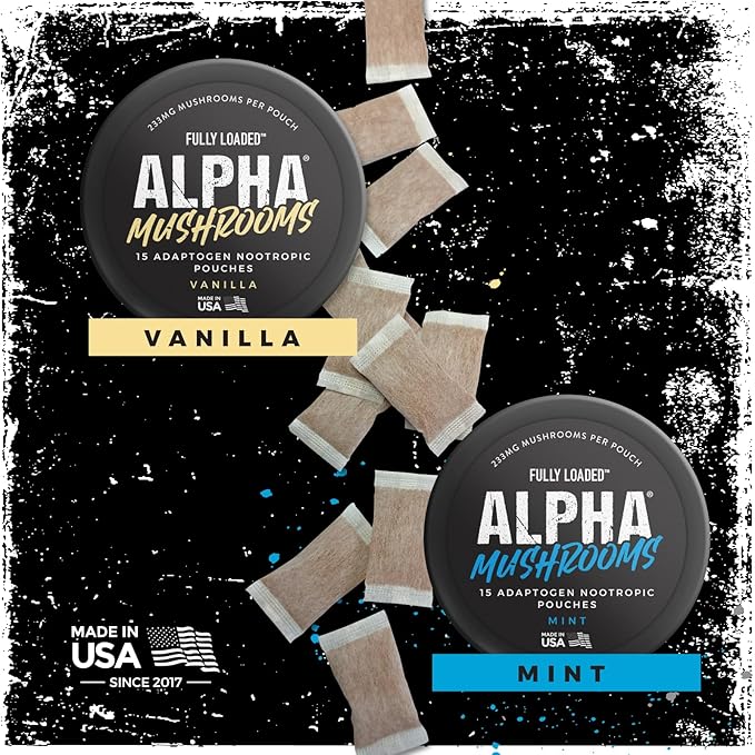 Fully Loaded Alpha Mushroom Pouches - Adaptogen Nootropic Pouches (5-Pack Vanilla) - Lion's Mane Cordyceps &amp Chaga - 5 cans 15 Pouches per can - Functional Mushrooms - Made in the USA
