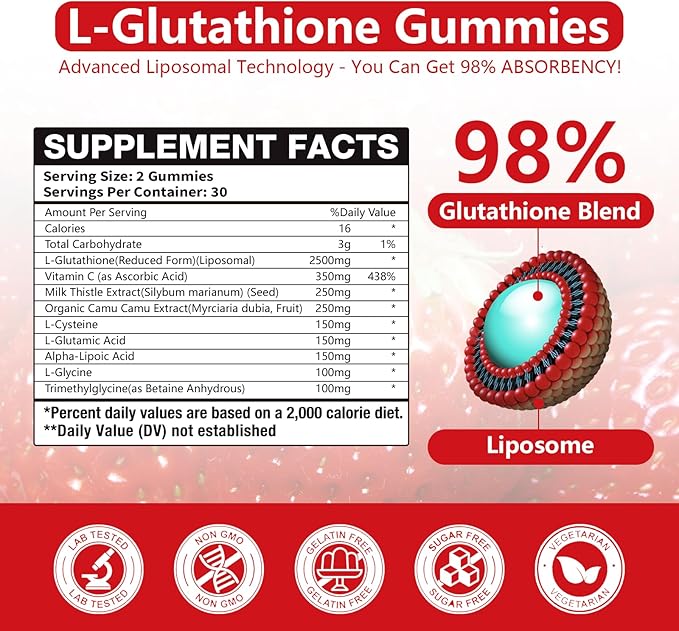 Extra Powerful 2500MG Liposomal Glutathione Gummies for skin whiteningEnhance 98% Absorption-Complex L-CysteineL-GlycineMilk Thistle for Support Liver Function Antioxidant for Aging Alleviation