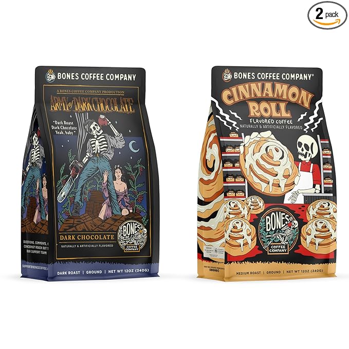 Bones Coffee Company Army of the Dark Chocolate and Cinnamon Roll Flavored Ground Coffee Beans Bundle | 12 oz Medium Roast Arabica Low Acid Coffee (Ground)