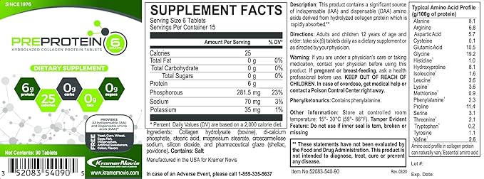 PreProtein® Hydrolyzed Collagen Amino Acids Protein Sugar-Free Fat-Free Carb-Free Amino Acids Protein Tablets Used by Healthcare Systems 90 Tablets