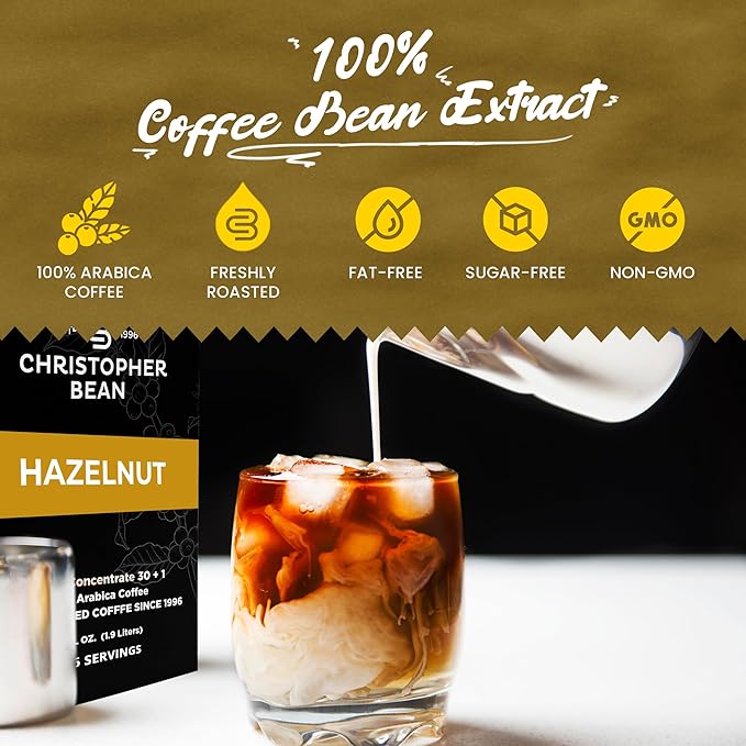 Christopher Bean Coffee - 396 servings 30 to 1 Blend Bag in Box Liquid Instant Coffee or Cold Brew Coffee Concentrate - Hot or Iced Coffee - Hazelnut