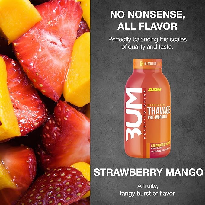 RAW Ready to Drink Pre-Workout Drink - BUM Thavage RTD Preworkout Shakes - Energy Supplement Drinks with Beta Alanine L-Citrulline &amp Caffeine - Zero Sugar (12 Pack Strawberry Mango)