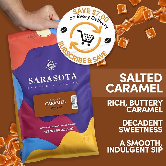 Sarasota Coffee Whole Bean Salted Caramel | Medium Roast Gourmet Flavored Coffee Beans | Low Acid Mold Free Specialty Grade Bulk Beans | 5lb (80 oz)