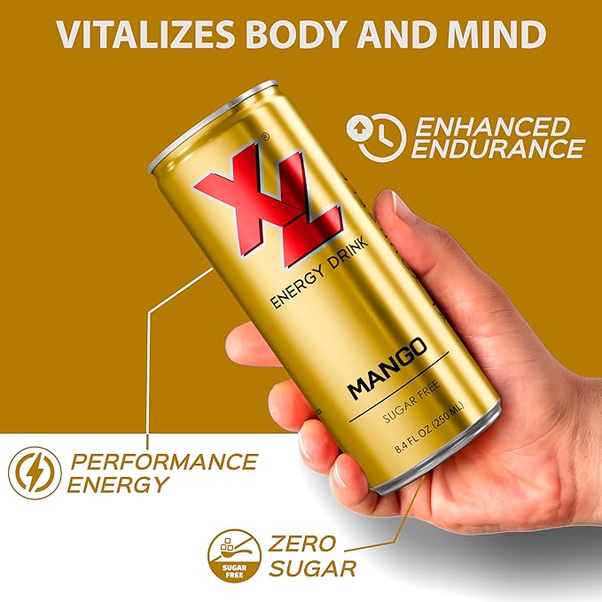 XL Energy Drinks Sugar Free Mango Energy Drink 24 pack with 80mg Caffeine and 100 mg Taurine with B Vitamins - Boost Focus and Energy with Zero Sugar Low Calorie Energy Drinks - 250 ml (8.4 Oz) Mango