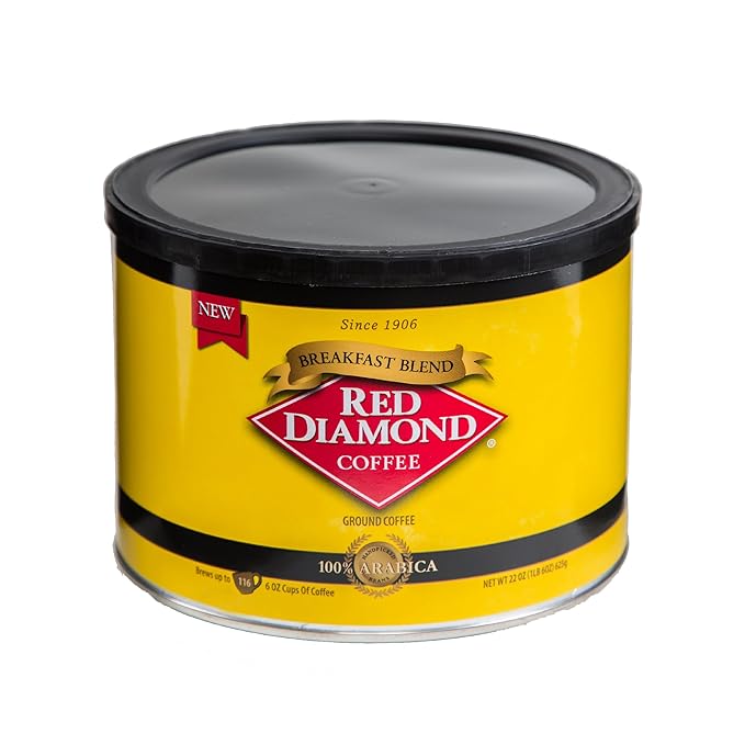 Red Diamond Ground Coffee | Breakfast Blend | Medium Roast | 100% Premium Arabica Beans | Rich &amp Flavorful Taste | 22 Ounce Resealable Can
