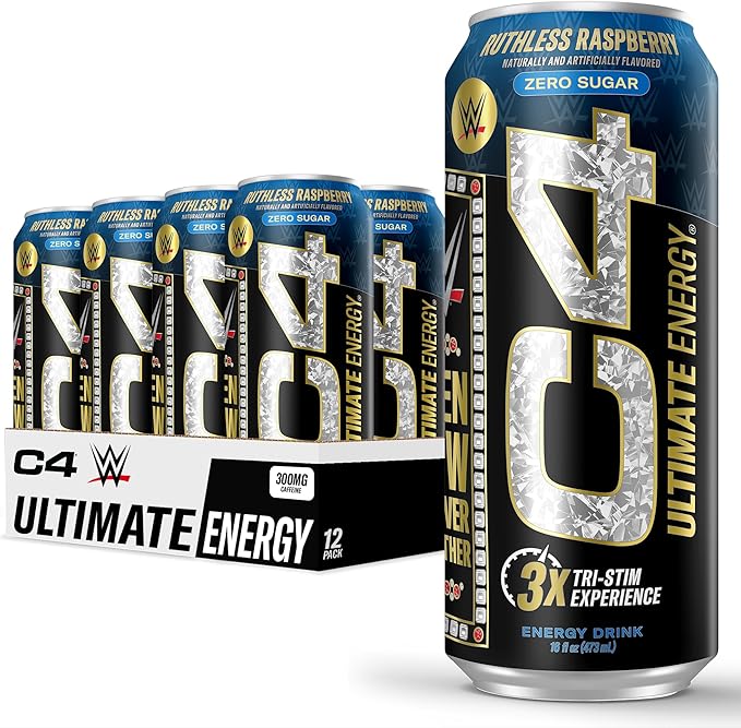C4 Ultimate x WWE | 300mg Caffeine Sugar Free Energy Drink | Ruthless Raspberry| 16oz (Pack of 12)