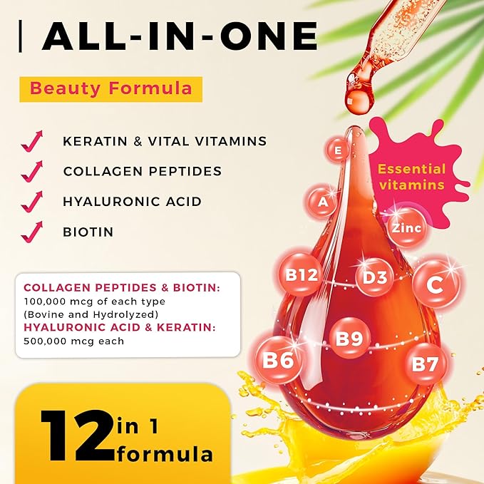 Liquid Biotin and Collagen Peptide Complex with Keratin Hyaluronic Acid MCT Oil Zinc Vitamins B6 B7 B12 A C D3 E - Hair Skin and Stronger Nails Supplement - 2 Pack