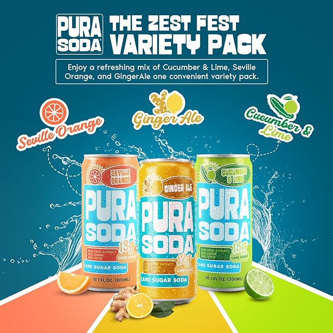 PuraSoda® Zest Fest Soda Variety Pack - Cucumber &amp Lime Orange &amp Ginger Ale | 10 fl oz (Pack of 24) | 65 Calories 13g Real Cane Sugar Real Fruit Extracts | Non-GMO Vegan No Stevia or Art