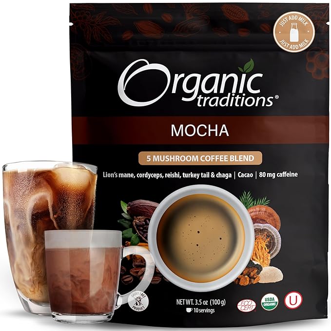 Organic Traditions Mocha Mushroom Coffee Instant Coffee Blend with Cacao Lion’s Mane Chaga Reishi Cordyceps Turkey Tail Dairy Free Adaptogenic Superfoods to Support Energy and Focus 200g / 7oz