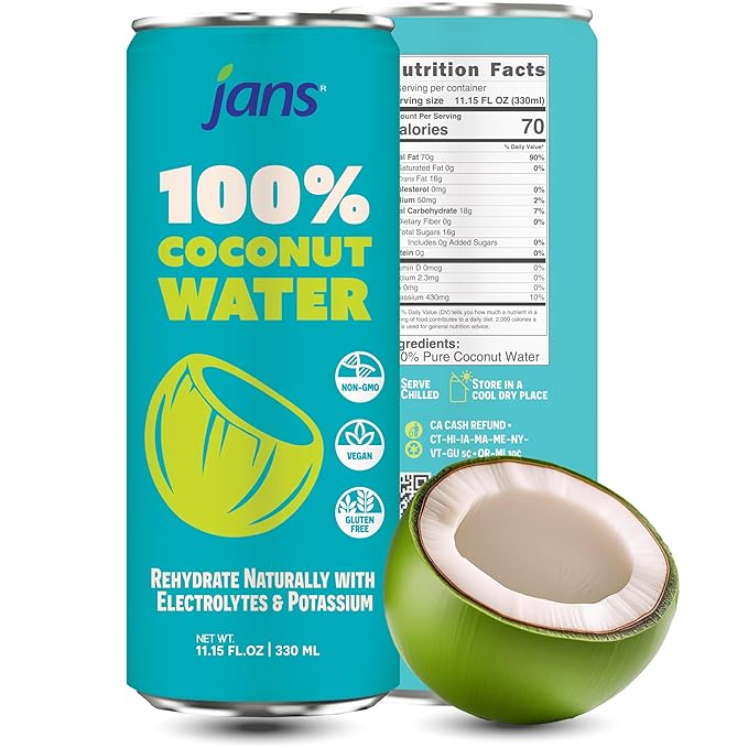 Jans 100% Coconut Water No Added Sugar 11.15oz (Pack of 12) Pure Coconut Refreshment Vegan Gluten-Free Hydration with Electrolytes