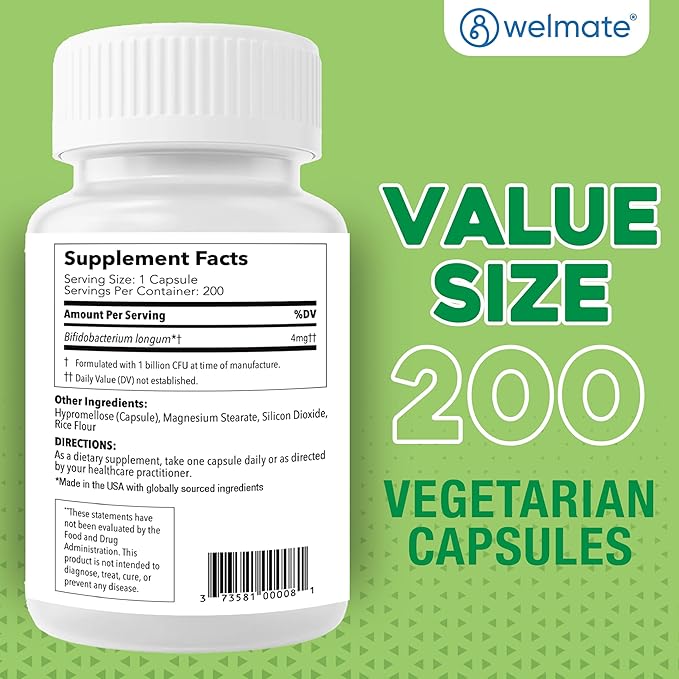 WELMATE Bifidobacterium - Probiotic Supplement - Supports Gut Health - Immune Support - Digestive Enzymes - Gluten Free - Vegan - Men &amp Womens Probiotic - Value Size - 200 Count