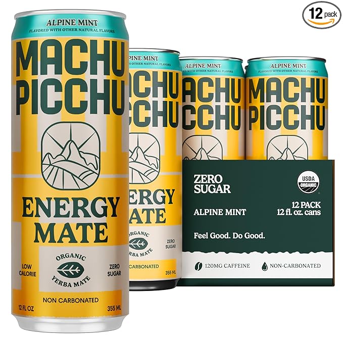 MACHU PICCHU Zero Sugar Energy Mate Drink – Non-Carbonated Yerba Mate 120mg Organic Caffeine Smooth Focus Without Jitters or Crash Low Calorie USDA Organic 12oz Cans (12-Pack-“Alpine Mint”)