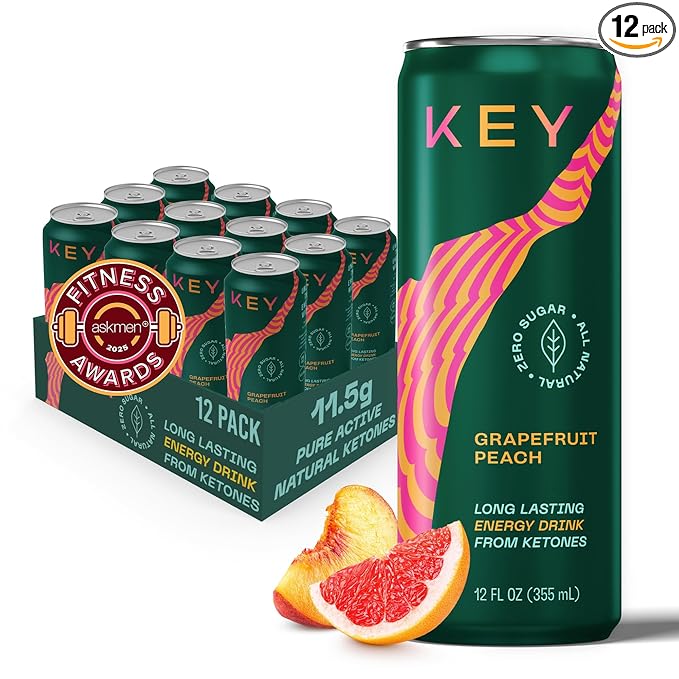 KEY Ketone Drink - Ketones for Energy &amp Focus Sugar Free &amp Low Caffeine from Green Tea with L-Theanine No Crash or Jitters All Natural Lightly Carbonated Grapefruit Peach (Pack of 12)