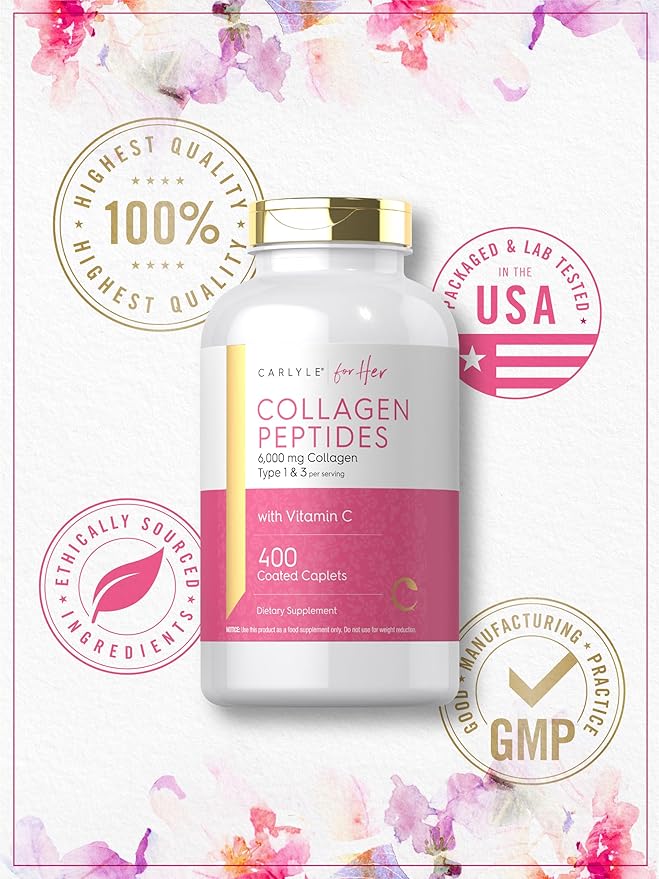 Carlyle Collagen Peptides 6000mg | 400 Caplets | with Vitamin C | Type 1 and 3 | Non-GMO Gluten Free Grass Fed Supplement