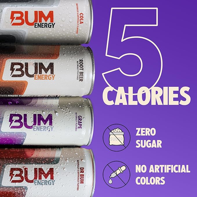 BUM Zero Sugar Energy Drink Variety Pack – Root Beer Dr. Bum Cola &amp Grape – Lightly Carbonated Sports Beverage with Natural Caffeine &amp Citicoline for Focus &amp Energy – 12 fl oz (12-Pack)