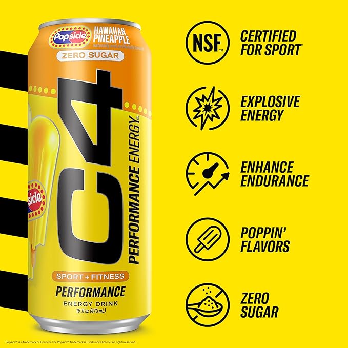 Cellucor C4 Energy Drink x Hawaiian Pineapple Popsicle Carbonated Sugar Free Pre Workout Performance Drink with no Artificial Colors or Dyes 16 Oz Pack of 12