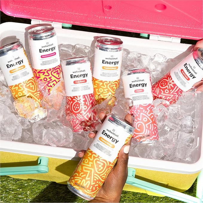 WellWithAll Energy Drink Variety Pack Strawberry Lemonade Fruit Punch Tropical Mango Peach Flavors Caffeine from Tea With Vitamin C Lightly Sparkling Beverage Juice Blend 12 oz 12-Pack