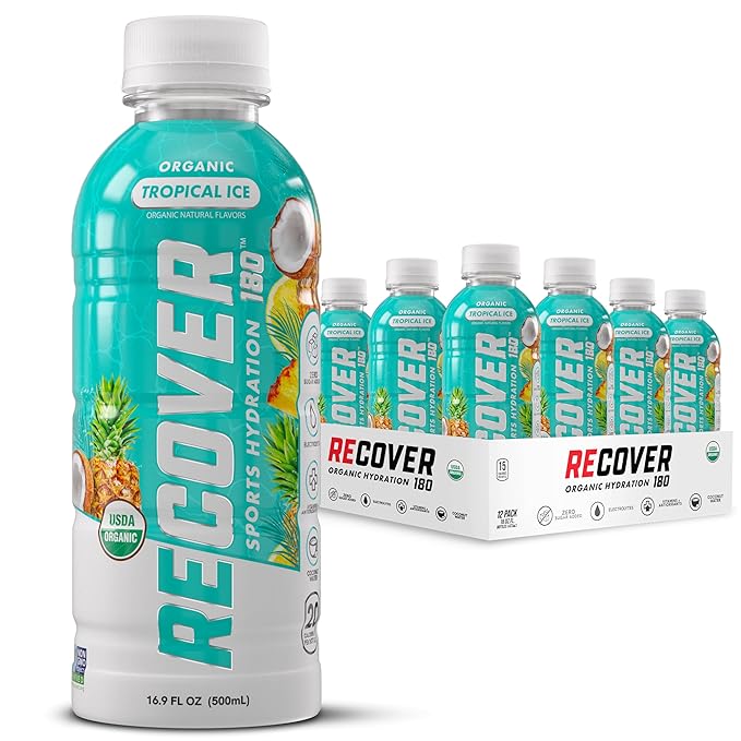 RECOVER 180 Organic Sports Hydration Drink No Sugar Added 20 Calorie Sports Beverage Organic Flavors With Vitamins Potassium-Packed Electrolytes (16.9 Fl Oz (Pack of 12) Tropical Ice)