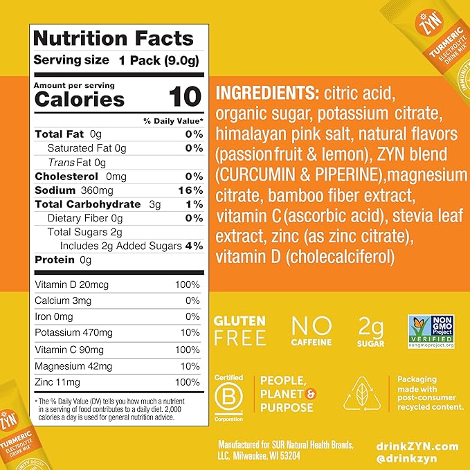 ZYN Electrolytes Powder Hydration Packets with Vitamins Zinc &amp Turmeric Curcumin for Gut Health Immune Support Low Sugar Electrolyte Drink Mix Packets with Piperine Passion Fruit Lemonade 16