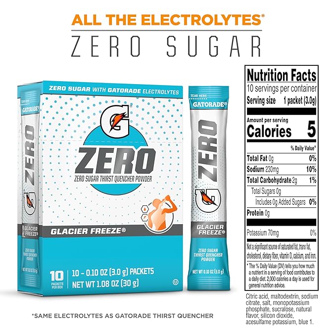 Gatorade G Zero Sports Drink Mix Powder Packets Glacier Freeze Electrolyte Powder Drink Mix for Hydration Zero Sugar Total 120 Packets