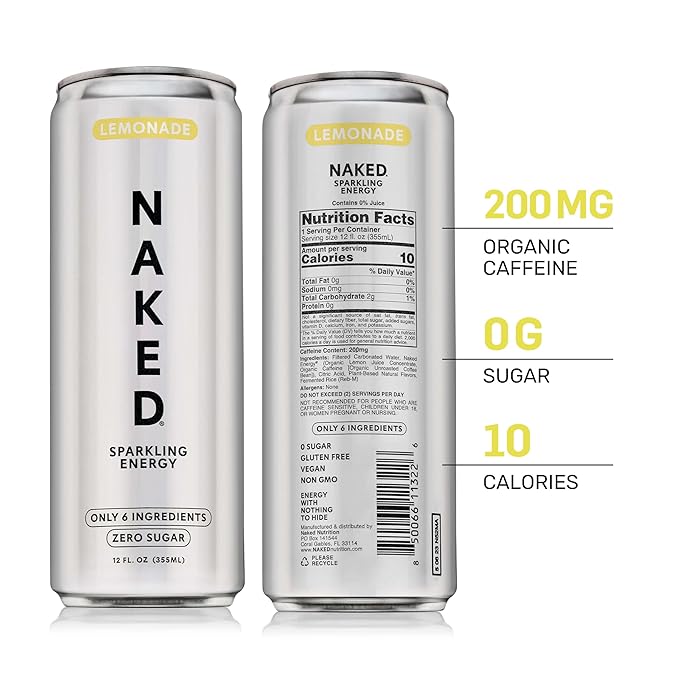 Naked Sparkling Energy Drink - Lemonade Organic Caffeine Organic Lemon Juice Zero Sugar No Sucralose Naturally Sweetened Clean Energy Drinks Vegan Gluten-Free Non-GMO - 12oz Cans (Pack of 12)