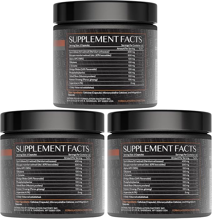 Formulation Factory Boss Mode 10-in-1 Nootropic Cognitive Enhancement Supplement Focus &amp Memory Booster Featuring Lion’s Mane Bacopa Monnieri Alpha-GPC Ginseng &amp More 360 Capsules (3 Pack