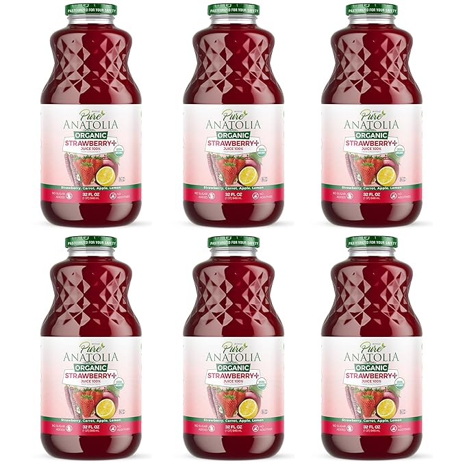 Organic Fruit Juices by Pure Anatolia • Pomegranate • Carrot Mix • Green Detox • Antioxidant • Tart Cherry • USDA Organic Gluten Free Vegan - 6 Glass Bottles of 32 fl oz. (Strawberry+)