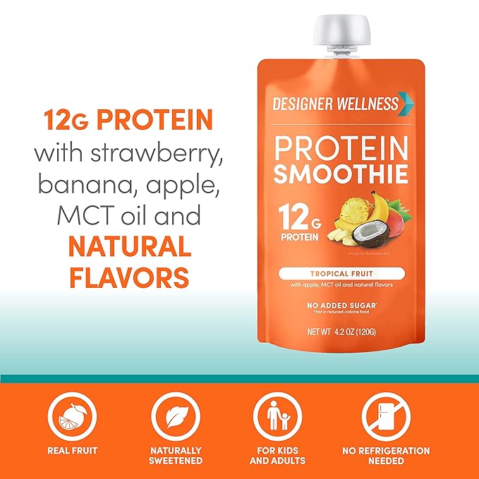 Designer Wellness Protein Smoothie Real Fruit 12g Protein Low Carb Zero Added Sugar Gluten-Free Non-GMO No Artificial Colors or Flavors Tropical 12 Count