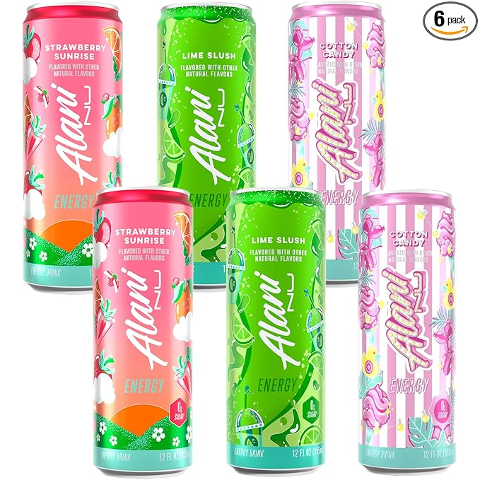 Alani Energy Drinks Cotton Candy Lime Slush Strawberry Sunrise Flavors - Variety Pack Sugar-Free Low-Calorie 12 fl oz (Pack of 6) Repackaged*