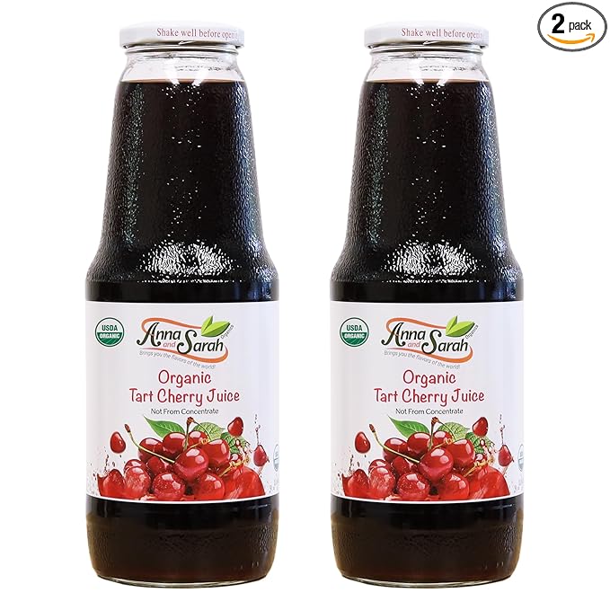 Anna and Sarah 33.8 Oz Organic Tart Cherry Juice - USDA Organic Certified - Glass Bottle (2 Pack) No Sugar No Artificial Colors No Preservatives No Flavors AddedNOT from CONCENTRATE