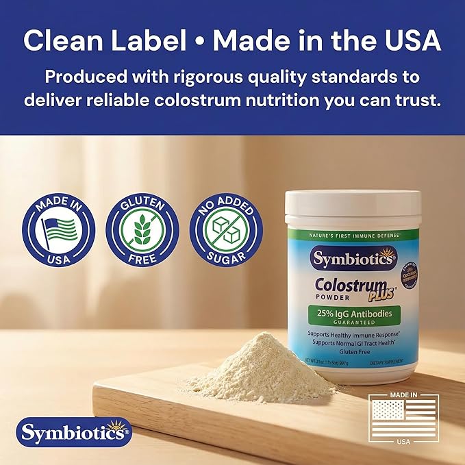Symbiotics Colostrum Plus Powder 2.25 oz – Immune &amp Muscle Recovery Support 25% IgG Immunoglobulins Gut Health &amp Training Resilience Unflavored Gluten Free - 2.25 oz