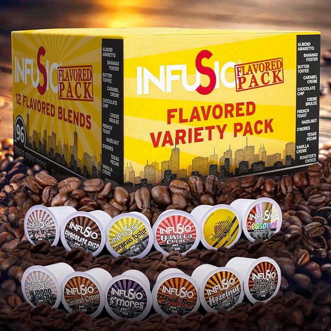 InfuSio Flavored Coffee Pods Variety Pack – 96 Count 12 Gourmet Medium Roast Dessert-Inspired Blends like Bananas Foster &amp Crème Brûlée Compatible with Keurig K-Cup 2.0 Brewers