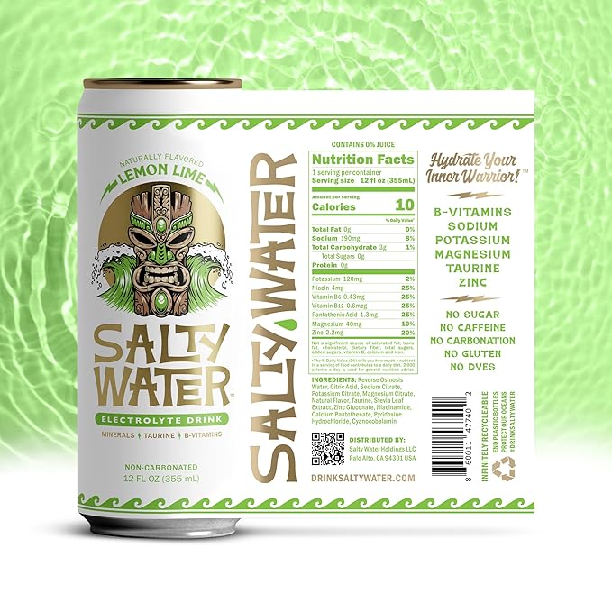 SaltyWater Electrolyte Drink Lemon Lime – Zero Sugar Premium Hydration Drink 10 Calories Minerals Taurine B-Vitamins Non-Carbonated - Zero Caffeine Electrolyte Sports Drink - Gluten Free - 12 Pa