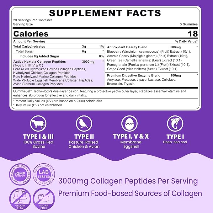 Collagen Gummies for Women &amp Men 3000mg Hydrolyzed Collagen Peptides with Antioxidant Blend &amp Digestive Enzymes Multi Collagen (Type IIIIIIVX) for Anti-Aging Hair Skin Nails Sugar Fr