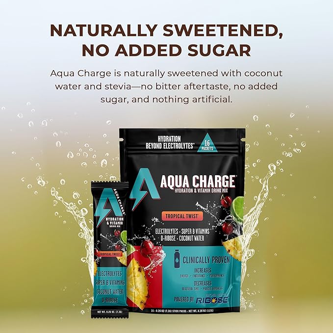 Grab The Gold Aqua Charge Electrolytes Drink Mix | Naturally Flavored Sugar-Free Hydration Drinks with B Vitamins | Vegan Gluten-Free Non-GMO | Tropical Twist - 16 Packs Made in USA