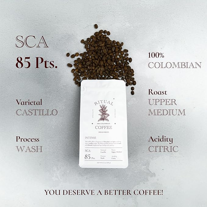 Ritual Specialty Coffee - Colombian Single Origin Whole Bean Coffee Low Acid Intense  Upper Medium Roast SCA 85+ Score (Dark Chocolate Almond Malt) 12oz (340g) 100% Arabica Castillo Espresso