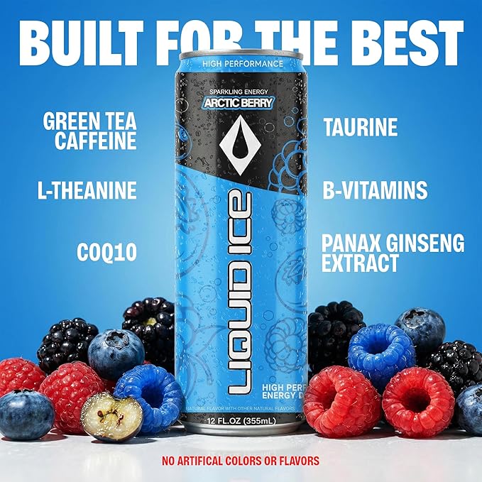 Liquid Ice Energy Drink - High Performance Natural Caffeine Taurine 120mg Caffeine L- Theanine Antioxidant Support Clean Focused Energy with Green Tea Extract COQ10 Arctic Berry Limited Editio