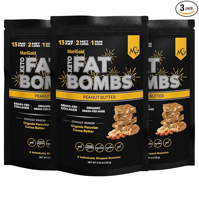MariGold Keto Fat Bombs Snacks - Peanut Butter - Low Carb Collagen Rich Organic Peanut Protein Organic Peanut Butter + Almonds Slivers Gluten-Free Non-GMO (3 bags 5 Servings each)