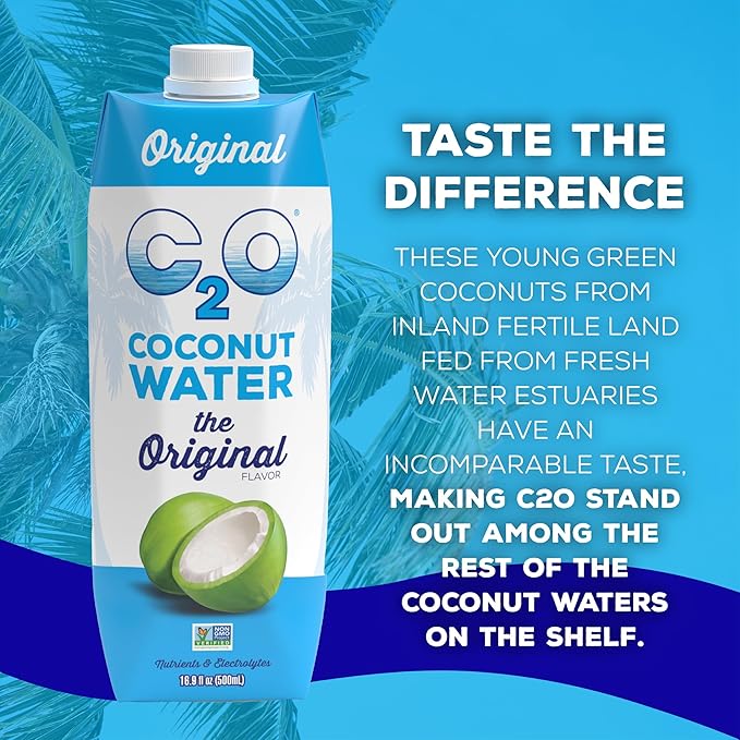 C2O - Coconut Water The Original Flavor (12 Pack) - Made with Fresh Coconut Water - Plant Based Non GMO Water - Natural Hydration Essential Electrolytes &amp Potassium - 12 Tetra Packs 16.9 FL O