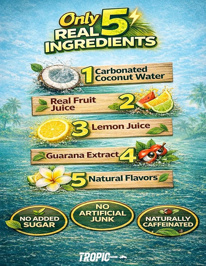 Tropicharge 100% Coconut Water Energy Drink with Guarana Extract (24 pack 330ml/6 flavours) - Zero Sweeteners or Added Sugar - All Natural - Passion Fruit Forest Apple Red Cherry Lemon Peach Wate