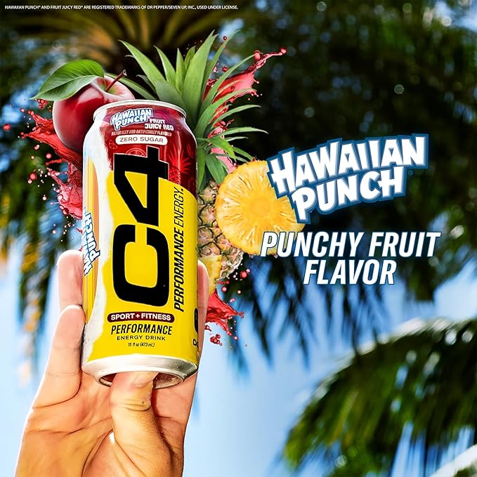 C4 Energy Drink Hawaiian Punch Fruit Juicy Red Carbonated Sugar Free Pre Workout Performance Drink with no Artificial Colors or Dyes 16oz (Pack of 24)