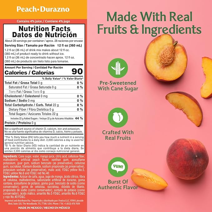 Frutiva Authentic Peach Drink Mix | Made in Mexico with Cane Sugar | Aguas Frescas Concentrate Makes 2.6 Gallons Per Bottle | No High Fructose Corn Syrup | Perfect for Drinks Desserts &amp More | 12
