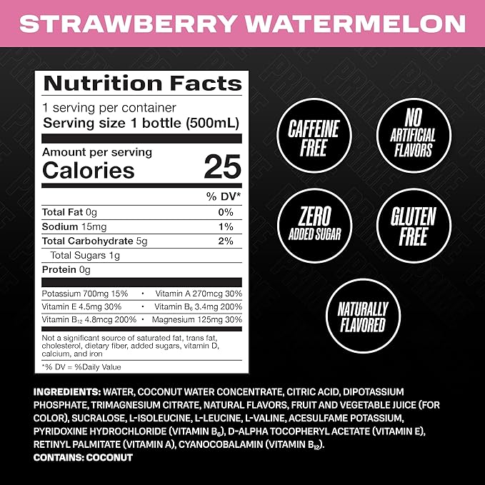 PRIME Hydration STRAWBERRY WATERMELON Sports Drinks Electrolyte Enhanced for Replsnishing Fluids 250mg BCAAs B Vitamins Antioxidants Low Sugar 16.9 Fl Oz 12 Pack