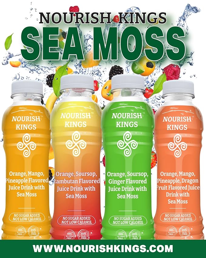 Nourish Kings- Sea Moss drink with Soursop Ginger &amp Orange juice No Added Sugars or Preservatives 12 pack of 15.2 Fl oz Bottles