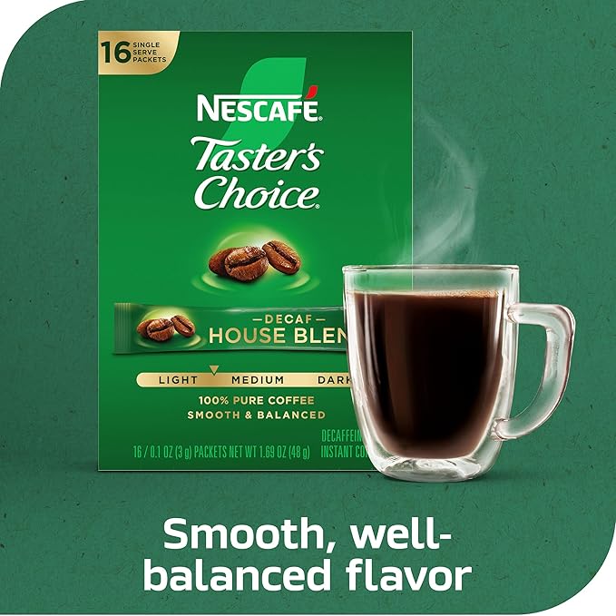 NESCAFÉ Taster's Choice Instant Coffee Packets Light Medium Roast Coffee Decaf House Blend 8 Boxes (128 Packets)
