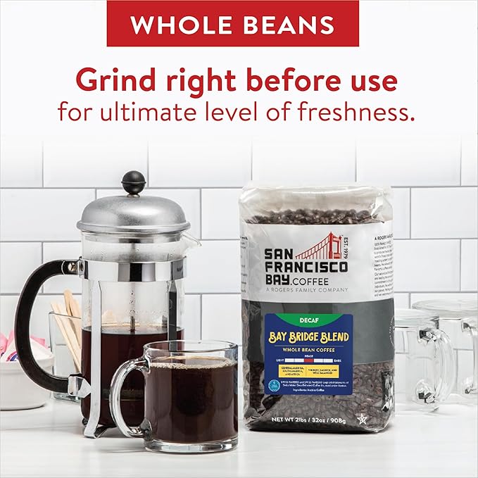 San Francisco Bay Whole Bean Coffee - DECAF Bay Bridge Blend (2lb Bag) Medium Roast Swiss Water Processed