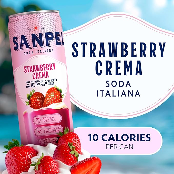 Sanpellegrino Soda Italiana Strawberry Crema Italian Sparkling Drink 0g Added Sugar Real Fruit Juice Italian Soda Sparkling Beverage 24-Pack