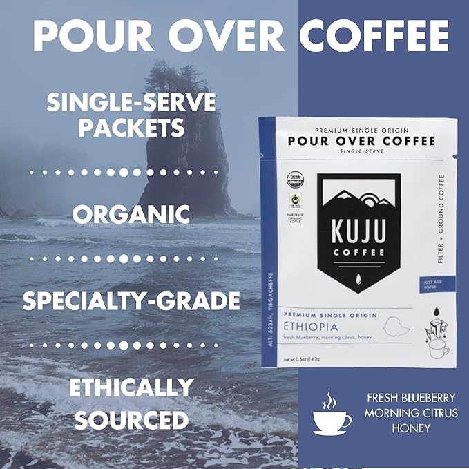 Kuju Coffee Premium Pour Over Individual Coffee Packets - Backpacking Travel Camping Organic Coffee Singles - Fair Trade &amp Eco-Friendly - Ethiopia - Yirgacheffe 6-pack
