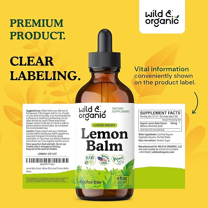 Wild &amp Organic Lemon Balm Tincture - Mood Support Supplement - Melissa Lemon Balm Leaf Extract Drops - Vegan Sugar &amp Alcohol-Free Calming Supplement - 4 fl oz